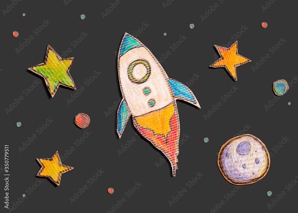 Space exploration theme with rocket and star drawings