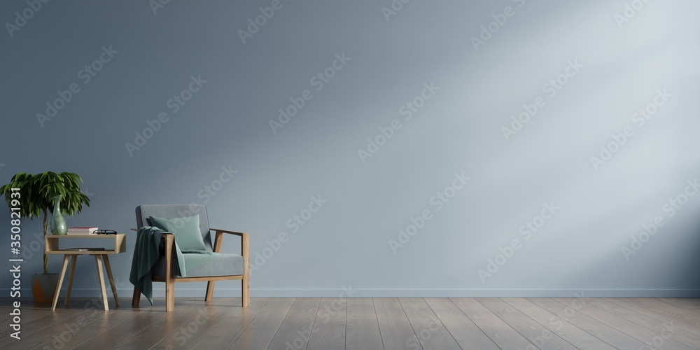 Interior of a bright living room with armchair on empty dark wall background.