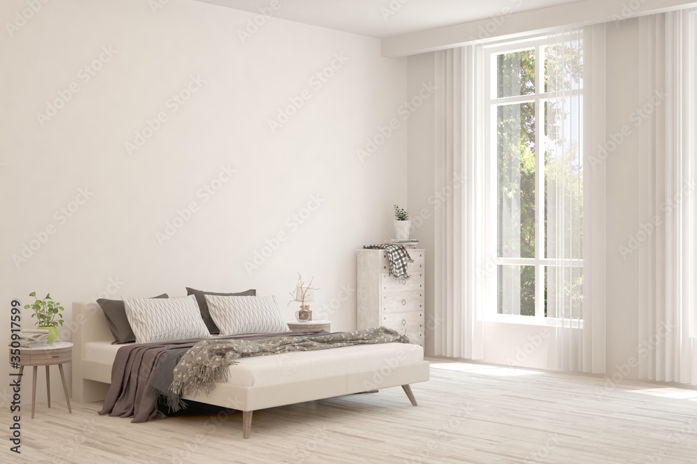 White bedroom interior. Scandinavian design. 3D illustration