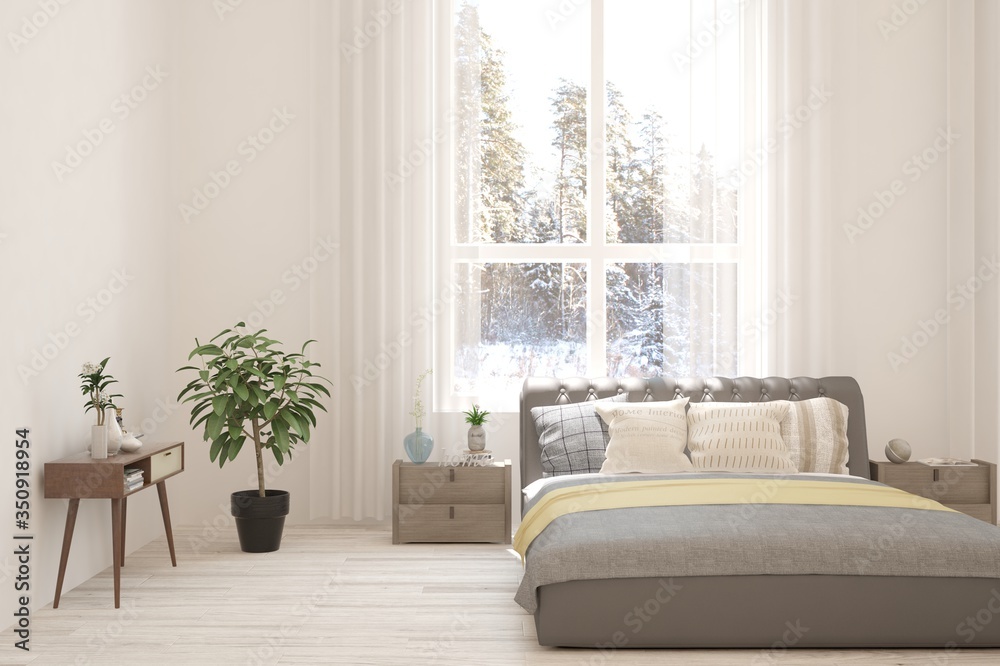 White bedroom interior. Scandinavian design. 3D illustration