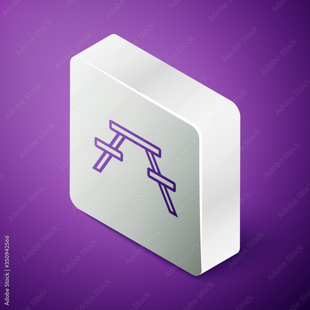 Isometric line Picnic table with benches on either side of the table icon isolated on purple backgro