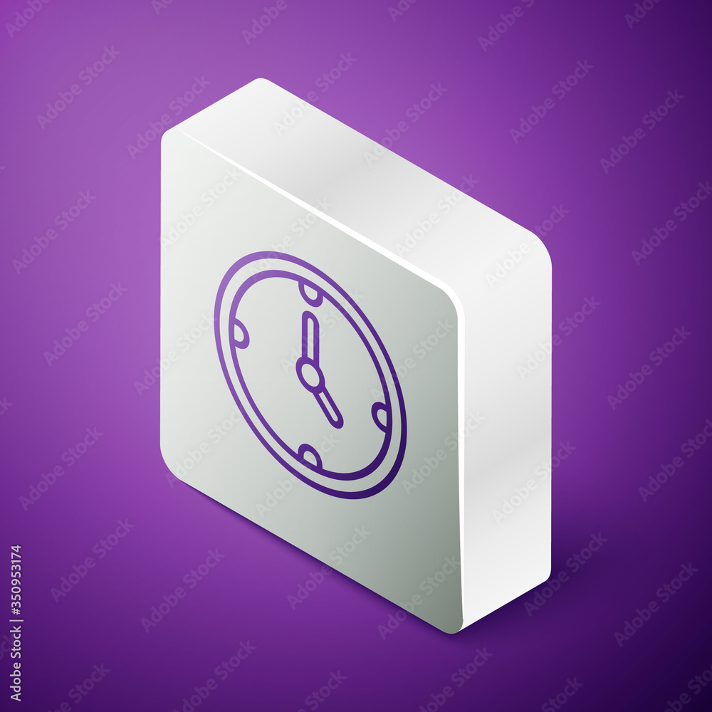 Isometric line Clock icon isolated on purple background. Time symbol. Silver square button