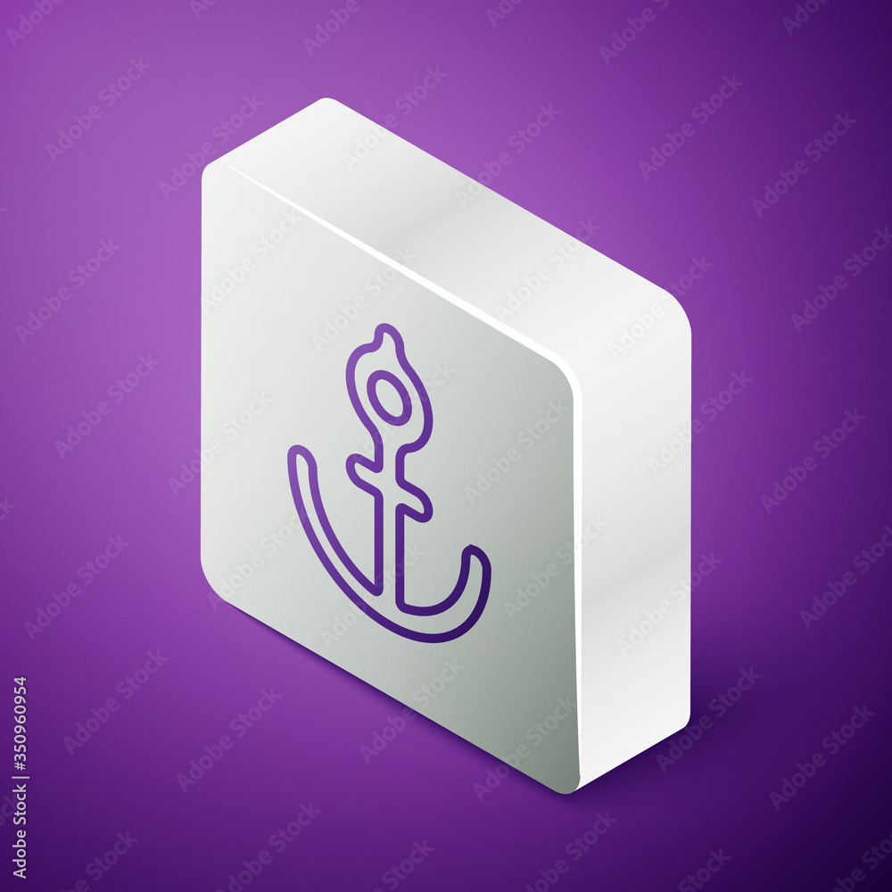 Isometric line Anchor icon isolated on purple background. Silver square button