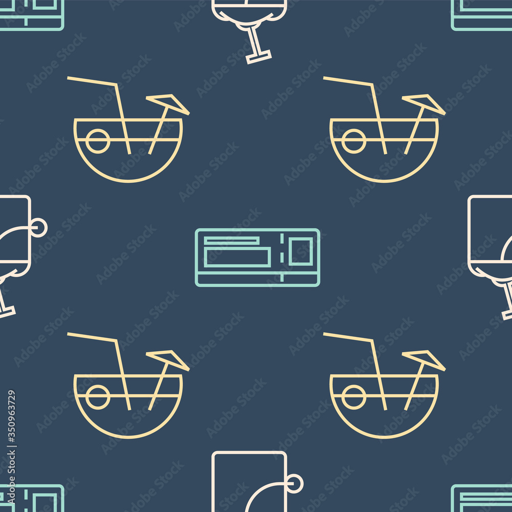 Set line Sand in bucket with shovel, Coconut cocktail and Travel ticket on seamless pattern