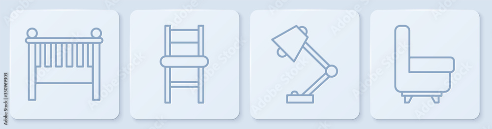 套装婴儿床摇篮床、台灯、椅子和扶手椅。白色方形按钮