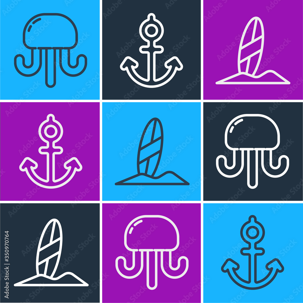 Set line Jellyfish, Surfboard and Anchor icon