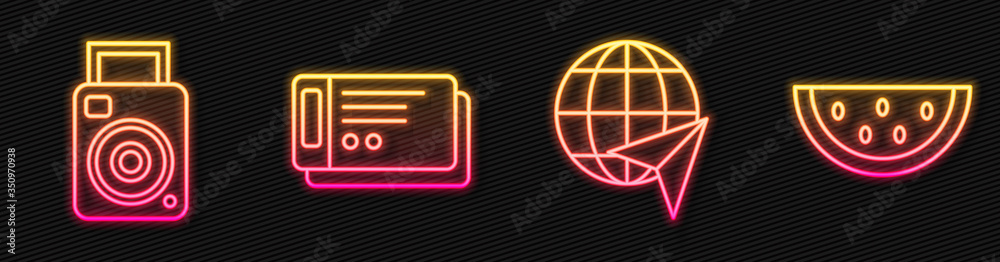 Set line Globe with flying plane, Photo camera, Travel ticket and Watermelon. Glowing neon icon