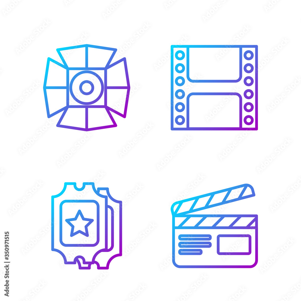 Set line Movie clapper, Cinema ticket, Movie spotlight and Play Video. Gradient color icons