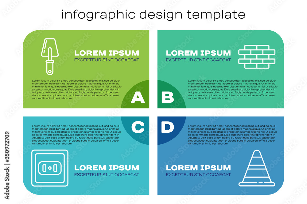 设置线路电源插座、镘刀、交通锥和砖块。商业信息图模板。矢量