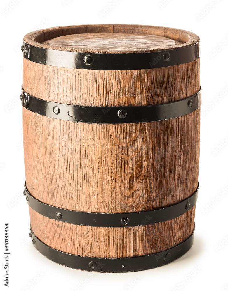 Wooden barrel of wine on white background