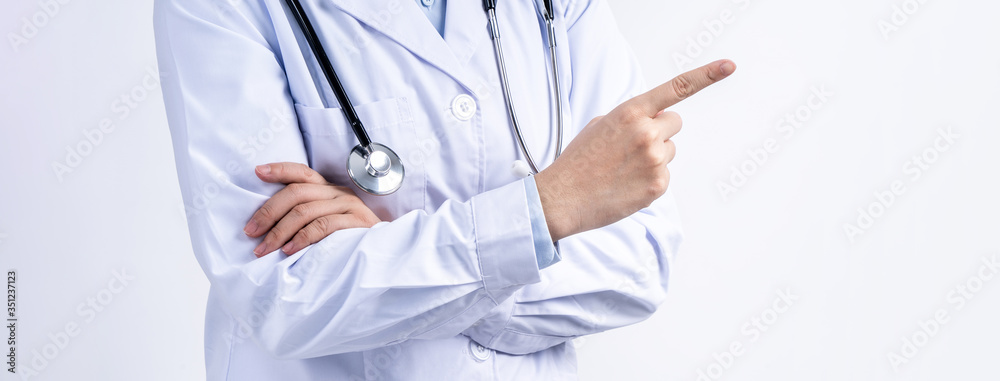 Female doctor body part with hand gesture, young woman physician with stethoscope isolated on white 