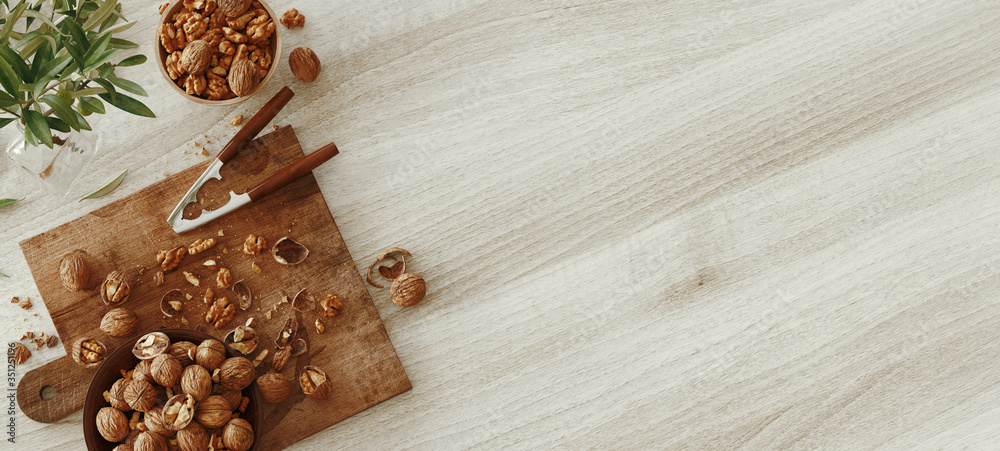 Mixed nuts on white wooden table from above. Healthy food and snack. Walnuts. 3d rendering