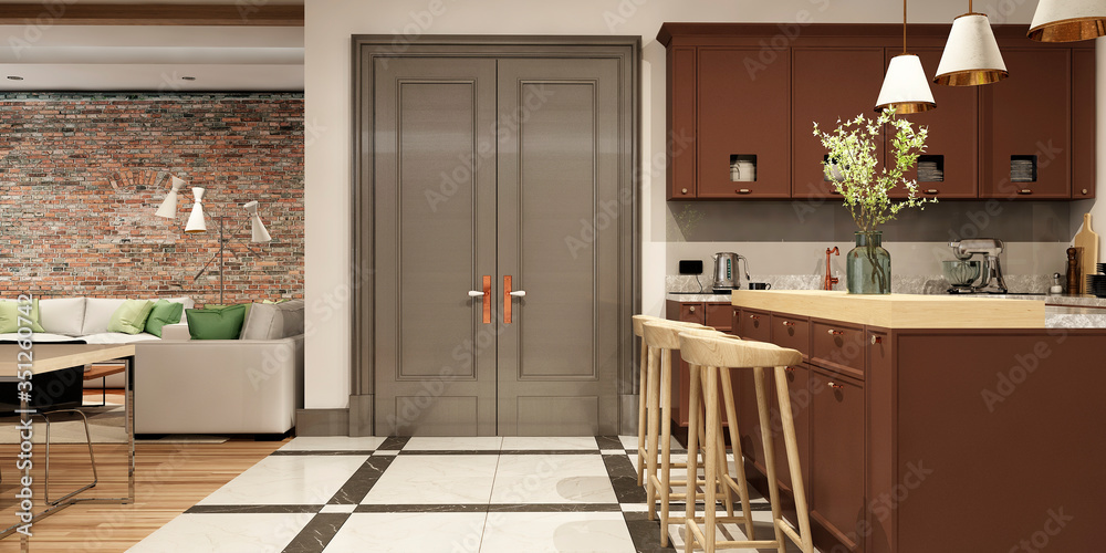 Modern interior of kitchen with living room	