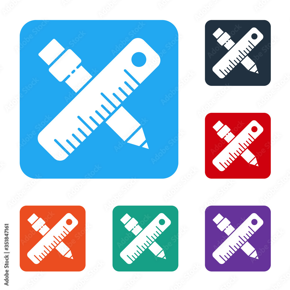 白色背景上隔离的白色十字尺和铅笔图标。斜视符号。绘图和e