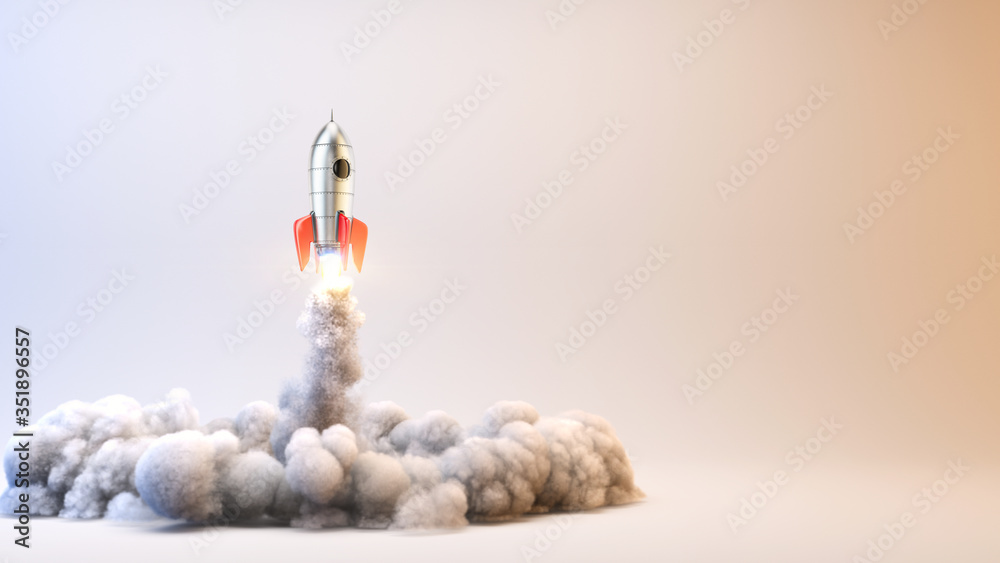 Launch Rocket - startup concept - 3d rendering of 3d rocket launch.