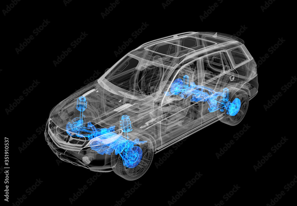 具有x射线效果的SUV汽车、制动器和悬架系统的三维技术插图。