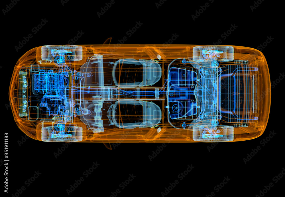 具有x射线效果的SUV汽车的技术三维插图。俯视图。