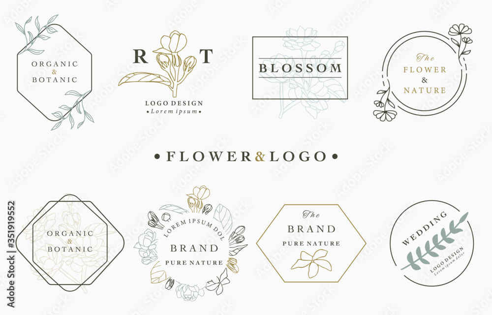 flower logo collection with leaves,geometric,circle,square frame.Vector illustration for icon,logo,s