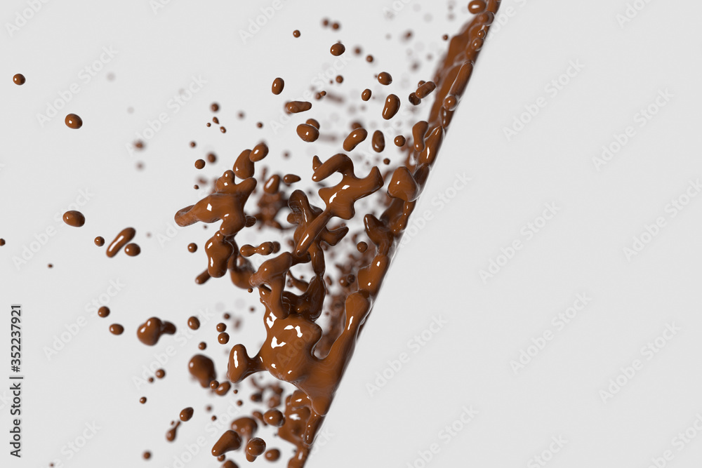 Splashing chocolate liquid with white background, 3d rendering.