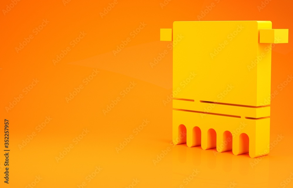 Yellow Towel on a hanger icon isolated on orange background. Bathroom towel icon. Minimalism concept