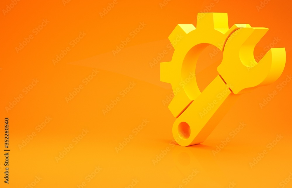 Yellow Wrench spanner and gear icon isolated on orange background. Adjusting, service, setting, main