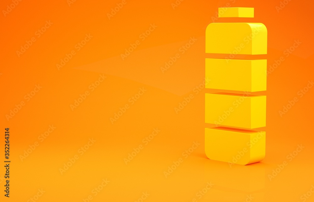 Yellow Battery charge level indicator icon isolated on orange background. Minimalism concept. 3d ill