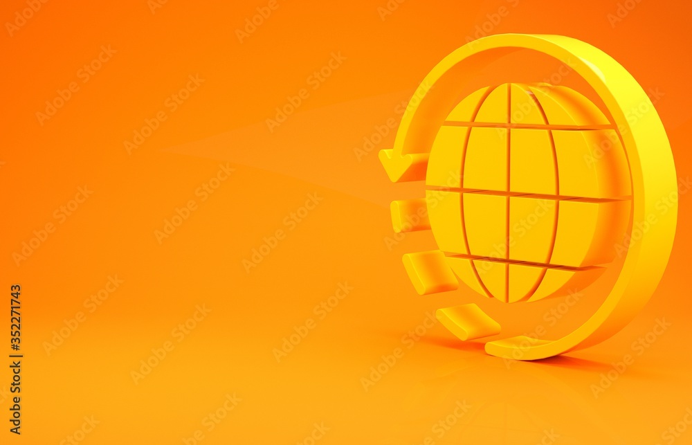 Yellow Worldwide shipping and cardboard box icon isolated on orange background. Minimalism concept. 