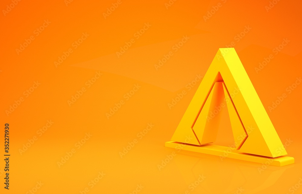 Yellow Tourist tent icon isolated on orange background. Camping symbol. Minimalism concept. 3d illus