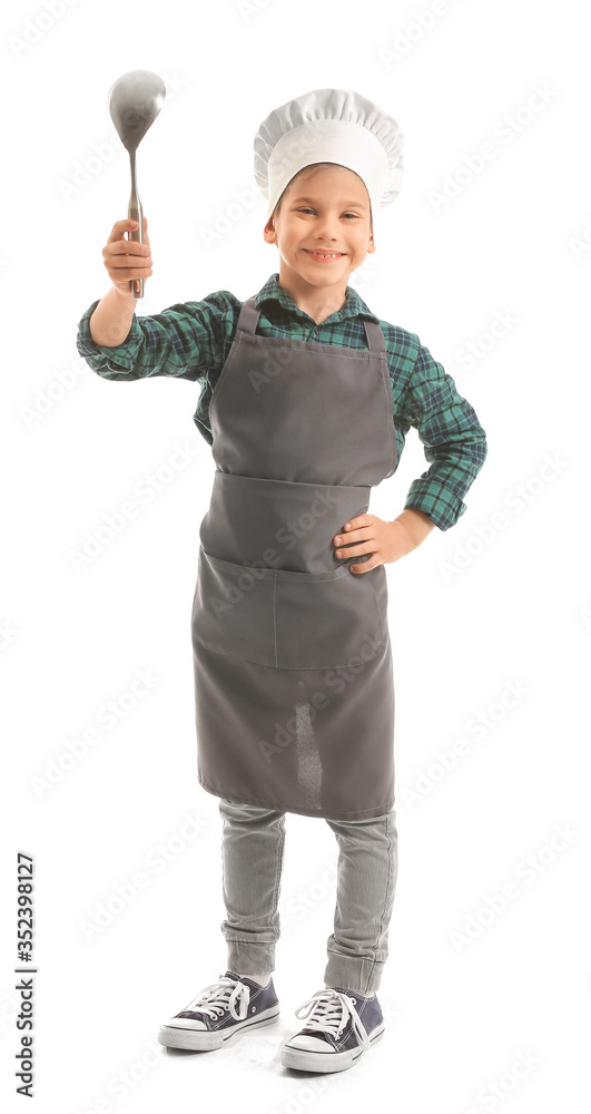 Portrait of little chef on white background