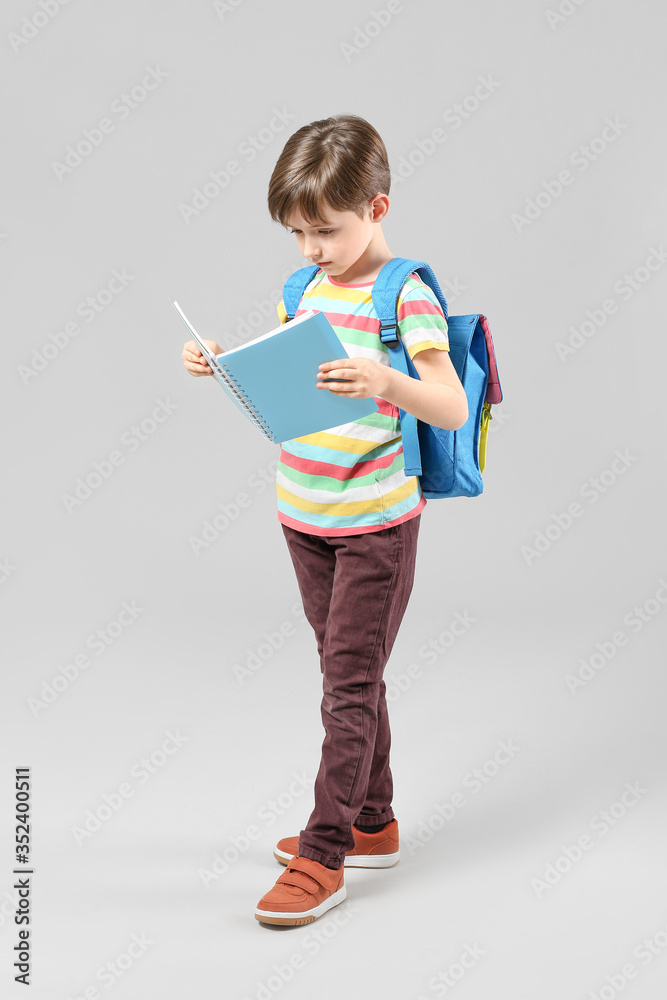 Cute little schoolboy with book on light background