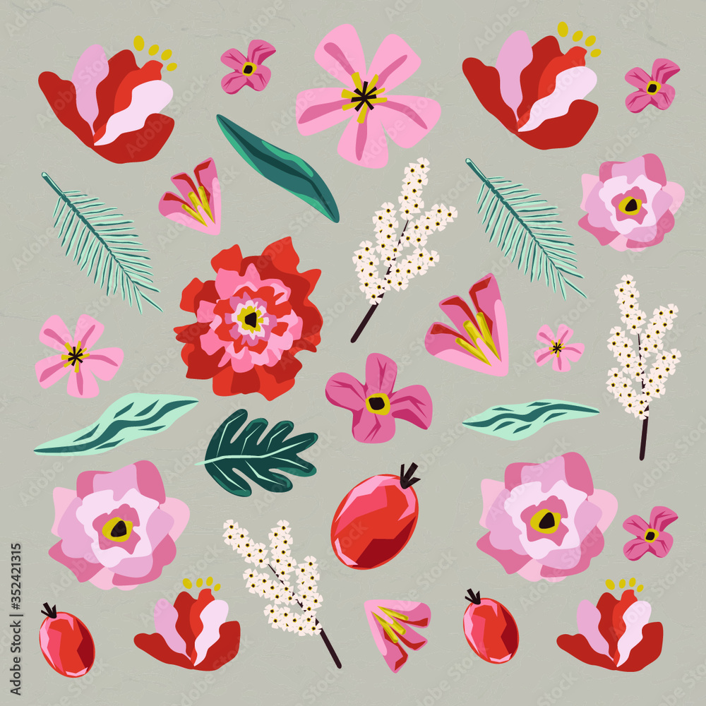 Pink flowers and leaves element set on a brown background vector