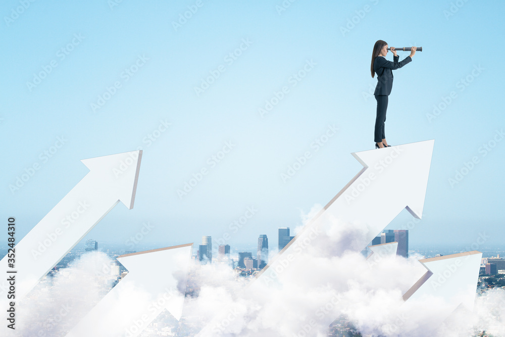 Businesswoman standing on white arrow with  telescope