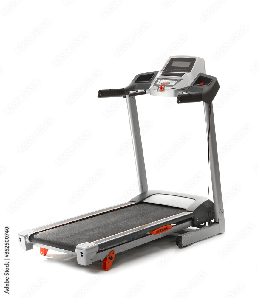 Modern treadmill on white background