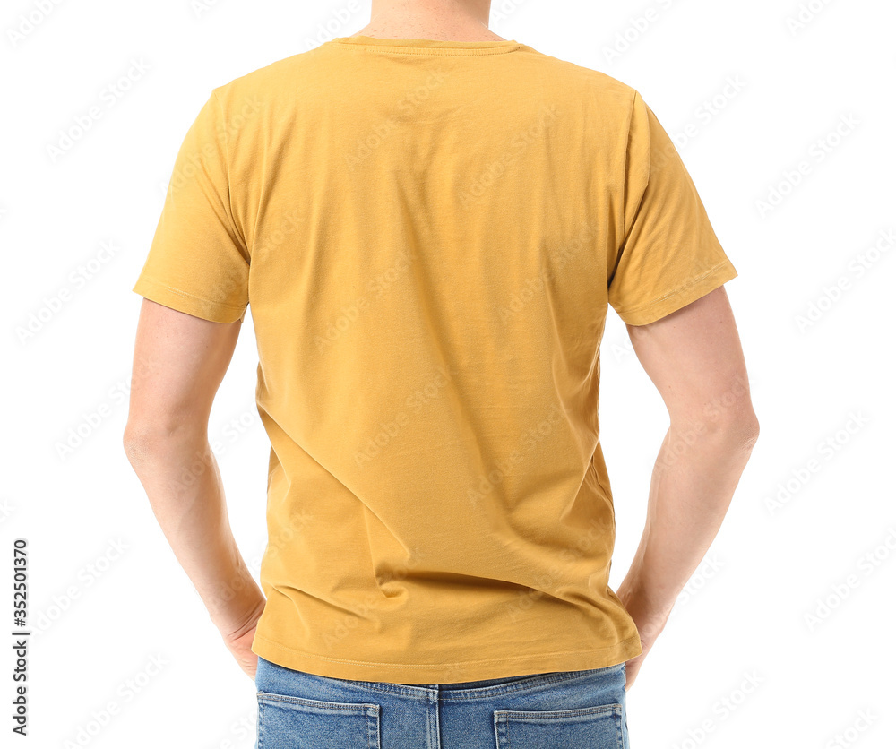 Man in stylish t-shirt on white background