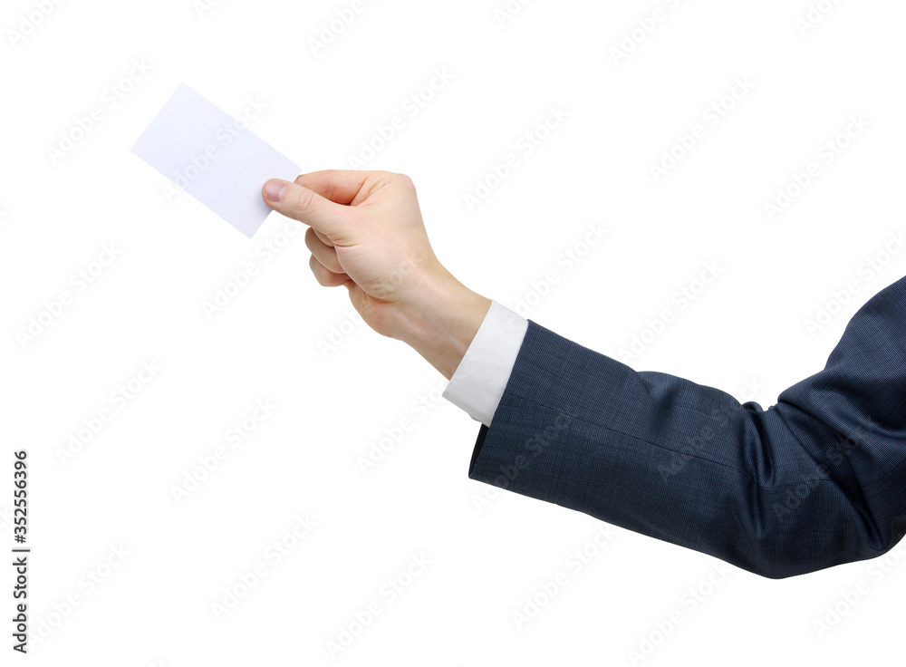 Businessman in suit and shows card with copy space isolated on white