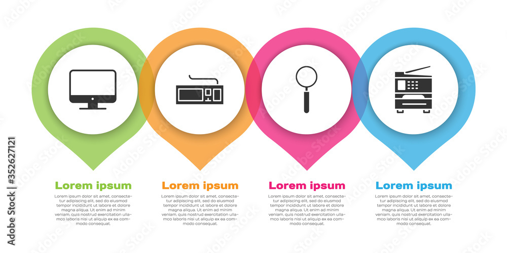 设置电脑显示器屏幕、键盘、放大镜和打印机。商业信息图模板。