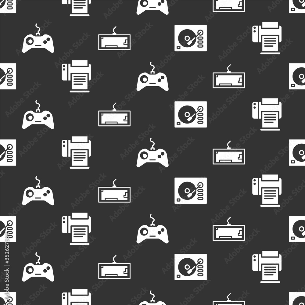 Set Vinyl player, Printer, Gamepad and Keyboard on seamless pattern. Vector.