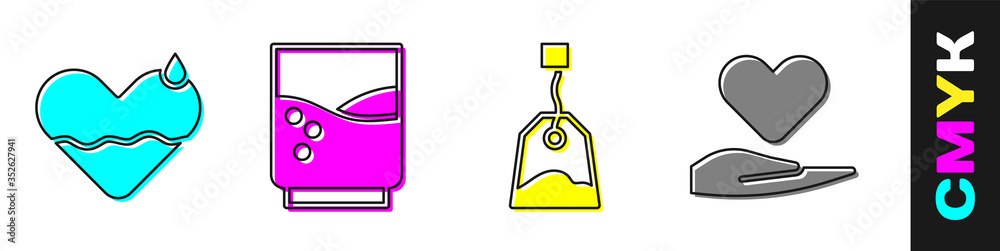 Set Heart heal，Glass with water，Tea bag and Heart on hand icon.Vector（设置心脏治疗，加水玻璃杯，茶包和手上的心脏图标。矢量）