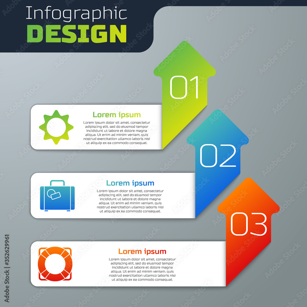 Set Sun, Suitcase and Lifebuoy. Business infographic template. Vector.