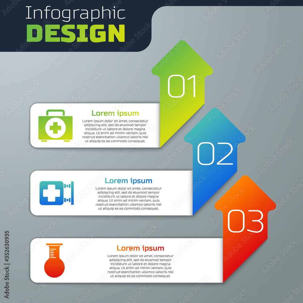 Set First aid kit, Hospital signboard and Test tube and flask. Business infographic template. Vector