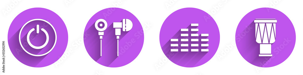 设置电源按钮、空气耳机、音乐均衡器和长阴影鼓点图标。矢量。