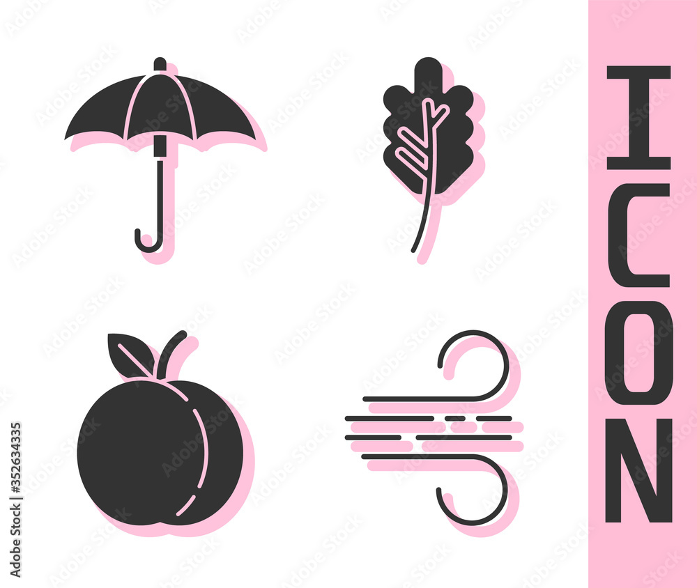 Set Wind, Umbrella, Peach fruit and Leaf or leaves icon. Vector.