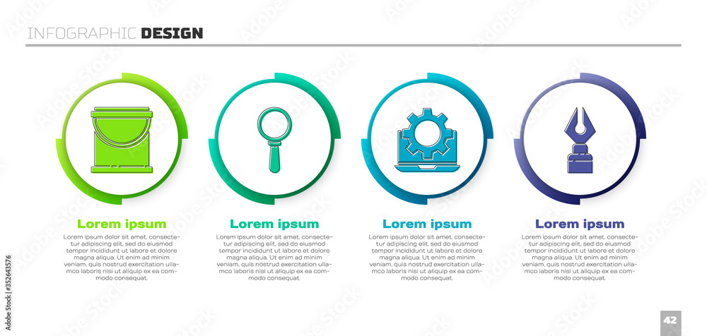 Set Paint bucket, Magnifying glass, Laptop and gear and Fountain pen nib. Business infographic templ