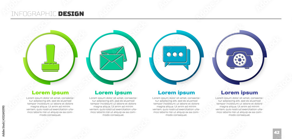 套装邮票、信封、语音气泡聊天和电话。商业信息图模板。矢量。