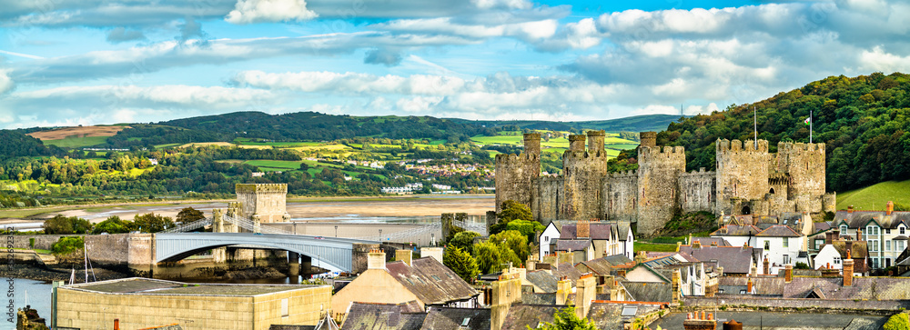 Panorama of Conwy with Conwy Castle in Wales, United Kingdom