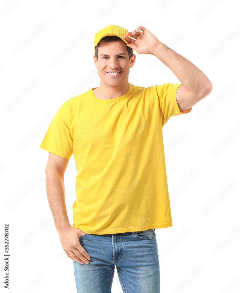 Man in stylish t-shirt on white background