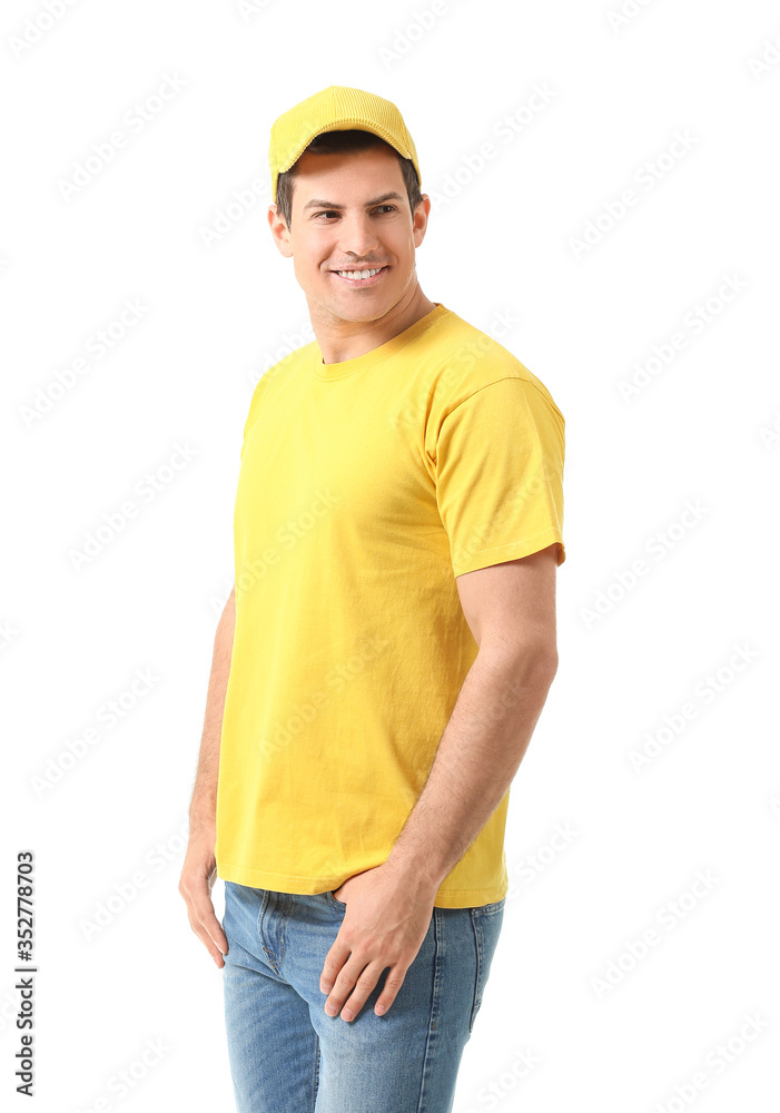 Man in stylish t-shirt on white background