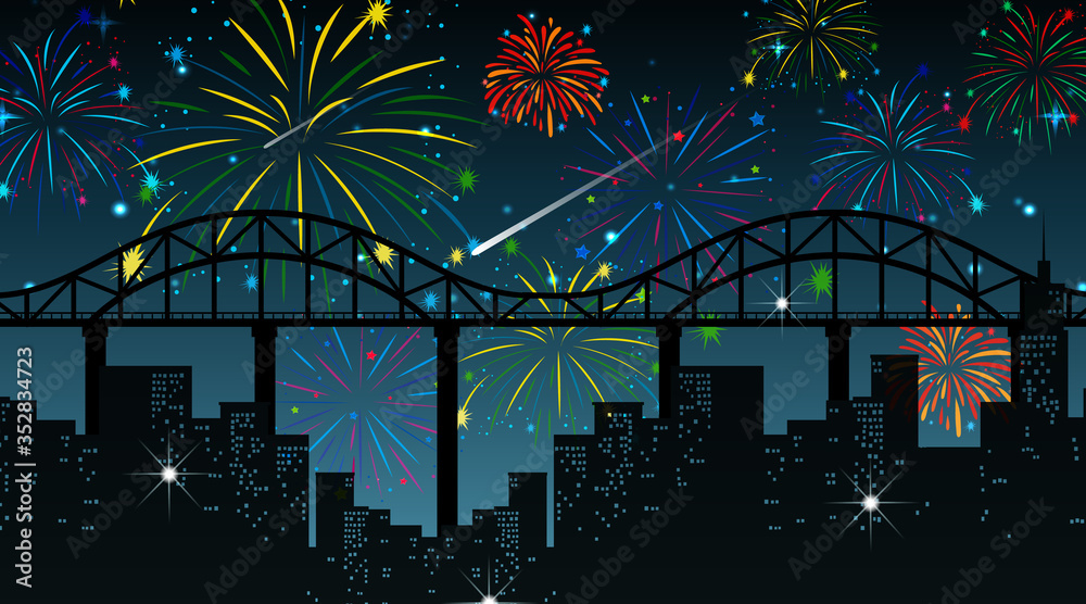 Cityscape with celebration fireworks scene