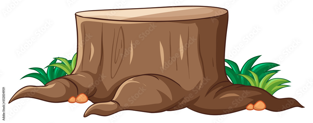 Big brown stump with grass in cartoon style on white background