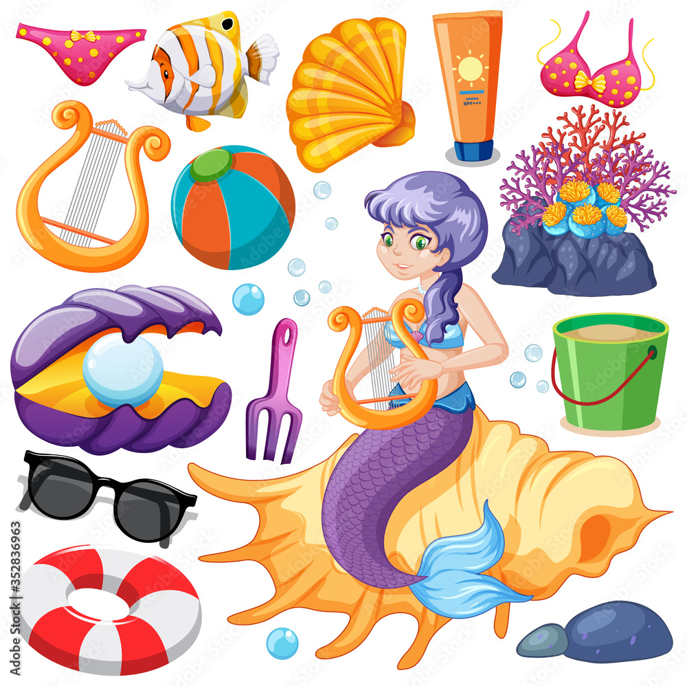 Set of mermaid and summer icon cartoon style on white background